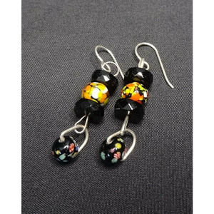 Estate Black Beaded Dangle Costume Jewelry Earrings